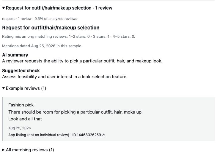 Real ReviewFold report detail for Remini. One three-star review requests outfit, hair and makeup selection. The screen shows the theme, AI summary, suggested check, and the original review dated August 25, 2026.